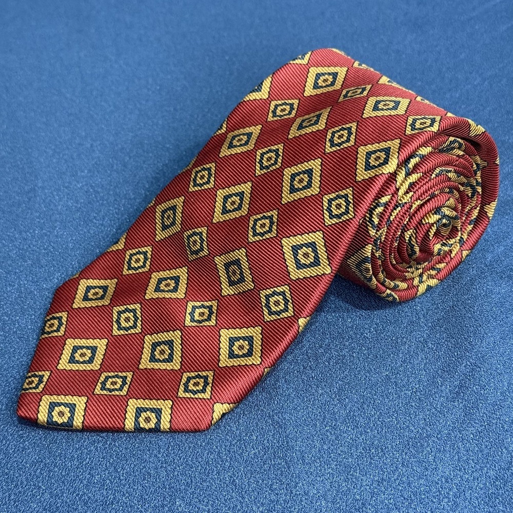 Brooks Brothers Makers Mens Silk Tie Red Gold Blue Geometric Made USA